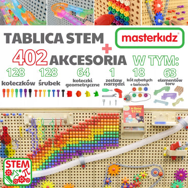 Masterkidz m dvipusė edukacinė veiklų siena su 400 priedų rinkiniu