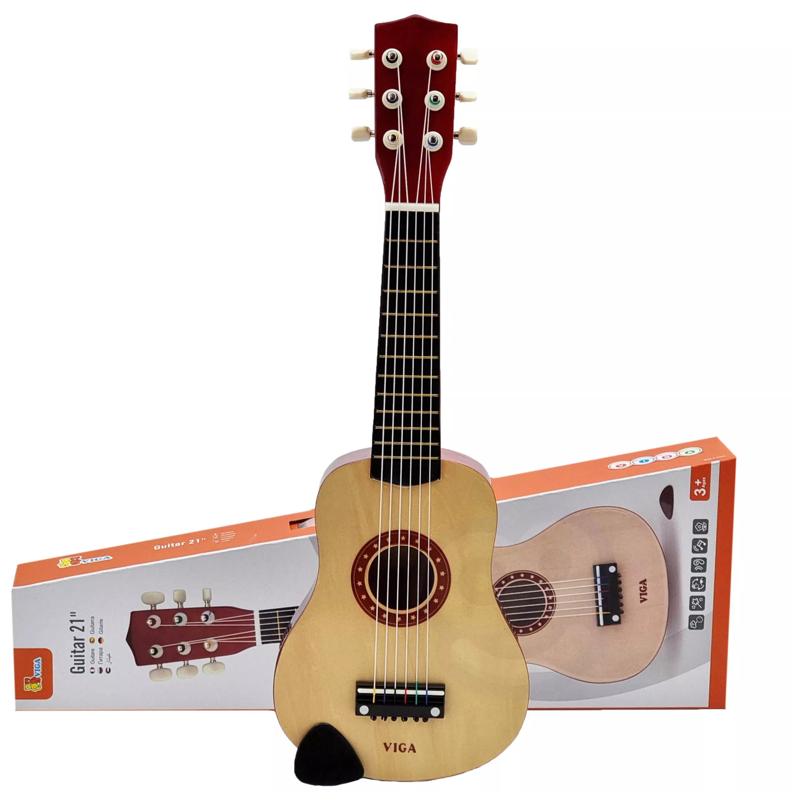 Viga medinė gitarėlė vaikams, natūrali, 21 colio, 6 stygos