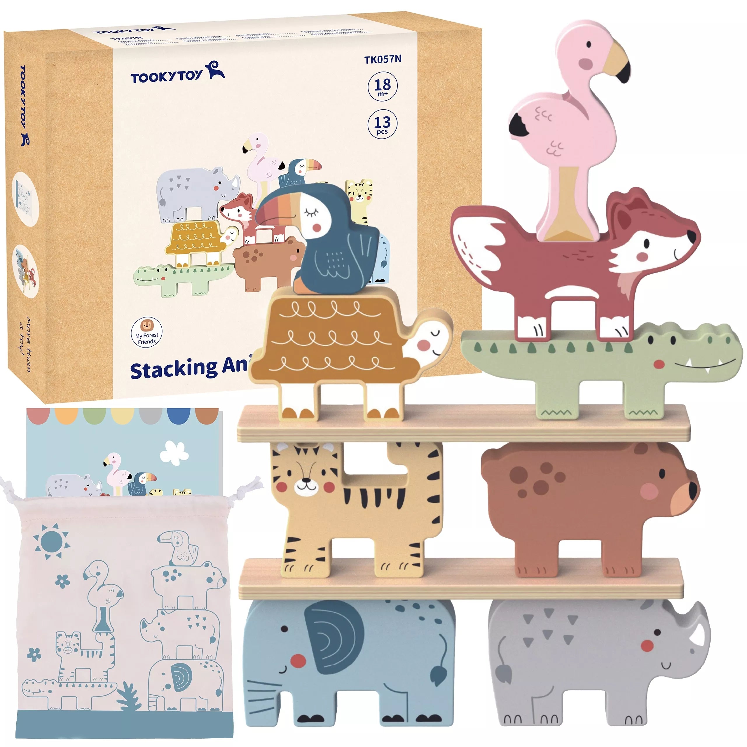 TOOKY TOY Mediniai kaladėlės Dėlionės Bokštas Sudeda Krauna Gyvūnai Montessori 13 vnt.