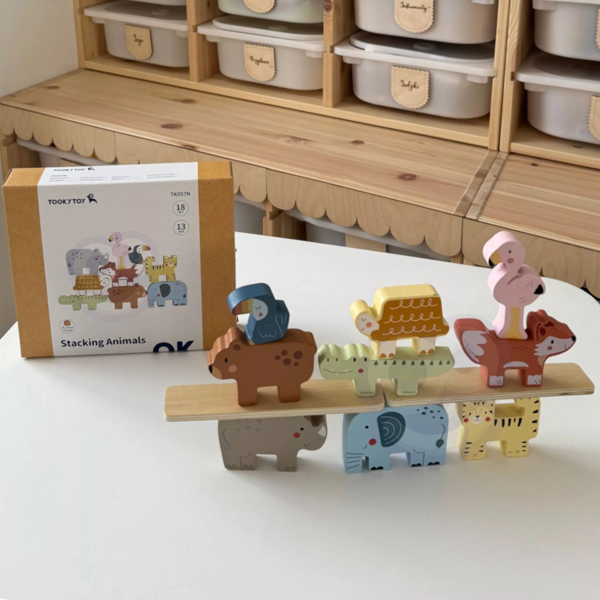 TOOKY TOY Mediniai kaladėlės Dėlionės Bokštas Sudeda Krauna Gyvūnai Montessori 13 vnt.
