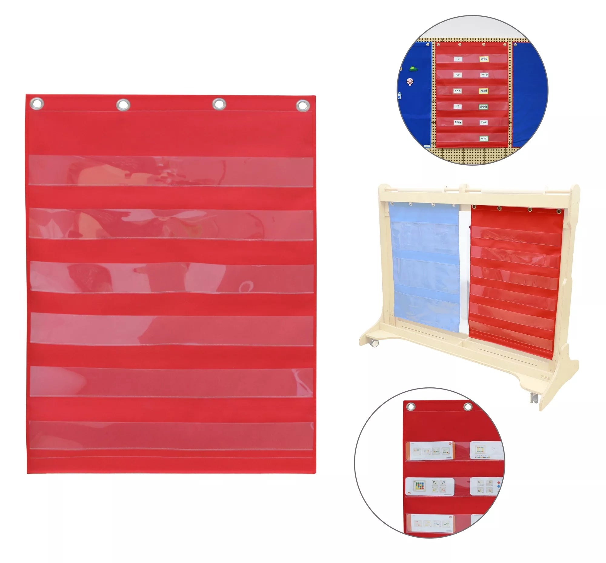 MASTERKIDZ Audinio pakabinimo paklodė su kišenėmis kortelėms ir paveikslėliams, raudona