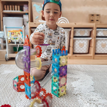 WOOPIE magnetiniai konstruktoriai 3D edukacinis rinkinys kamuoliukų bėgimui, 126 vnt.