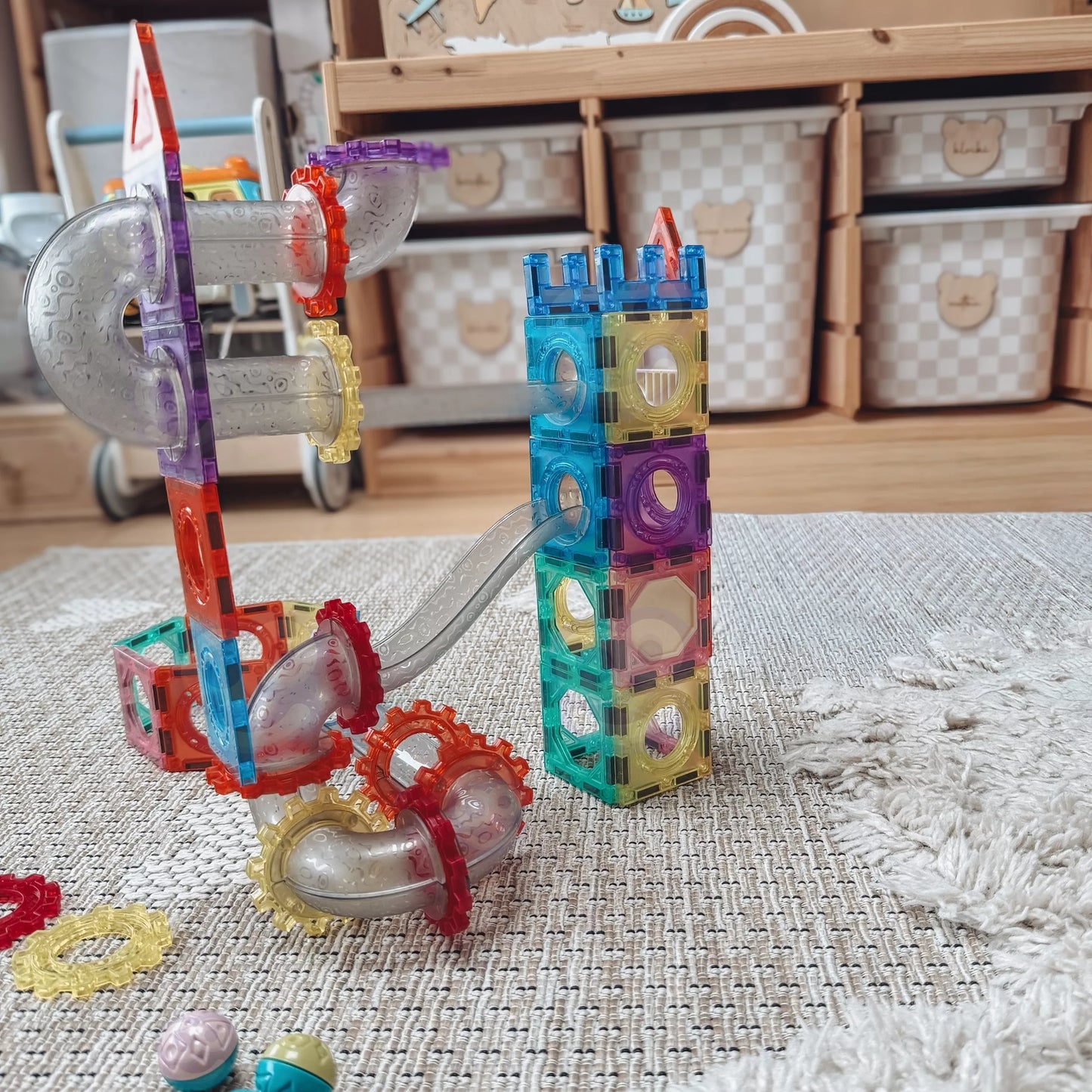 WOOPIE magnetiniai konstruktoriai 3D edukacinis rinkinys kamuoliukų bėgimui, 126 vnt.