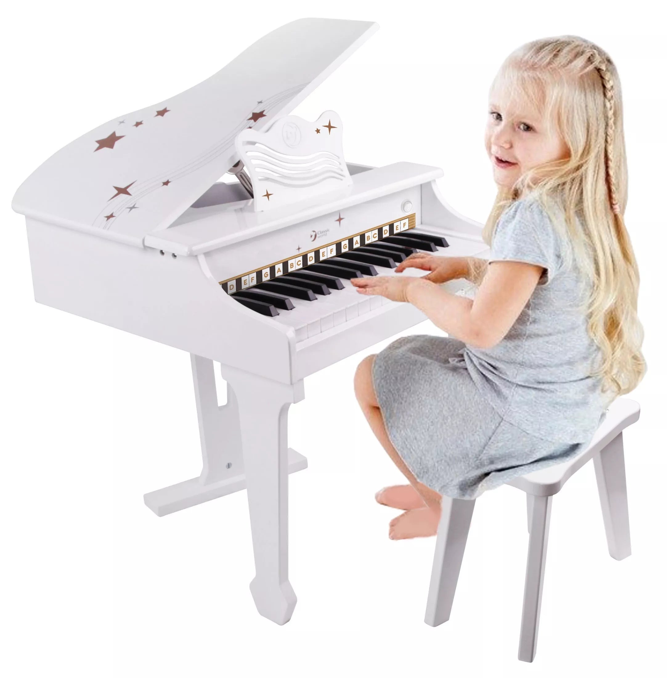 Classic World medinis pianinas su kėdute ir natomis