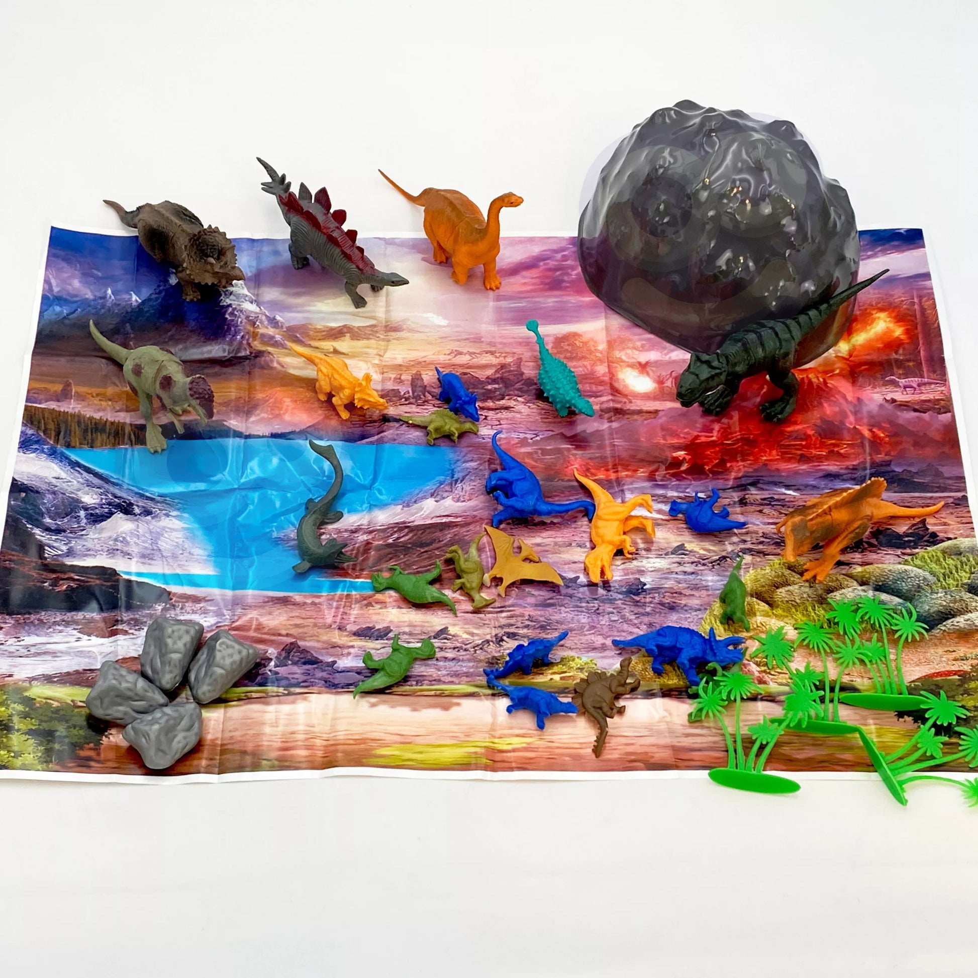 WOOPIE rinkinys dinozaurų figūrėlės dideli gyvūnai kilimėlis konteineris XXL 34 vnt.