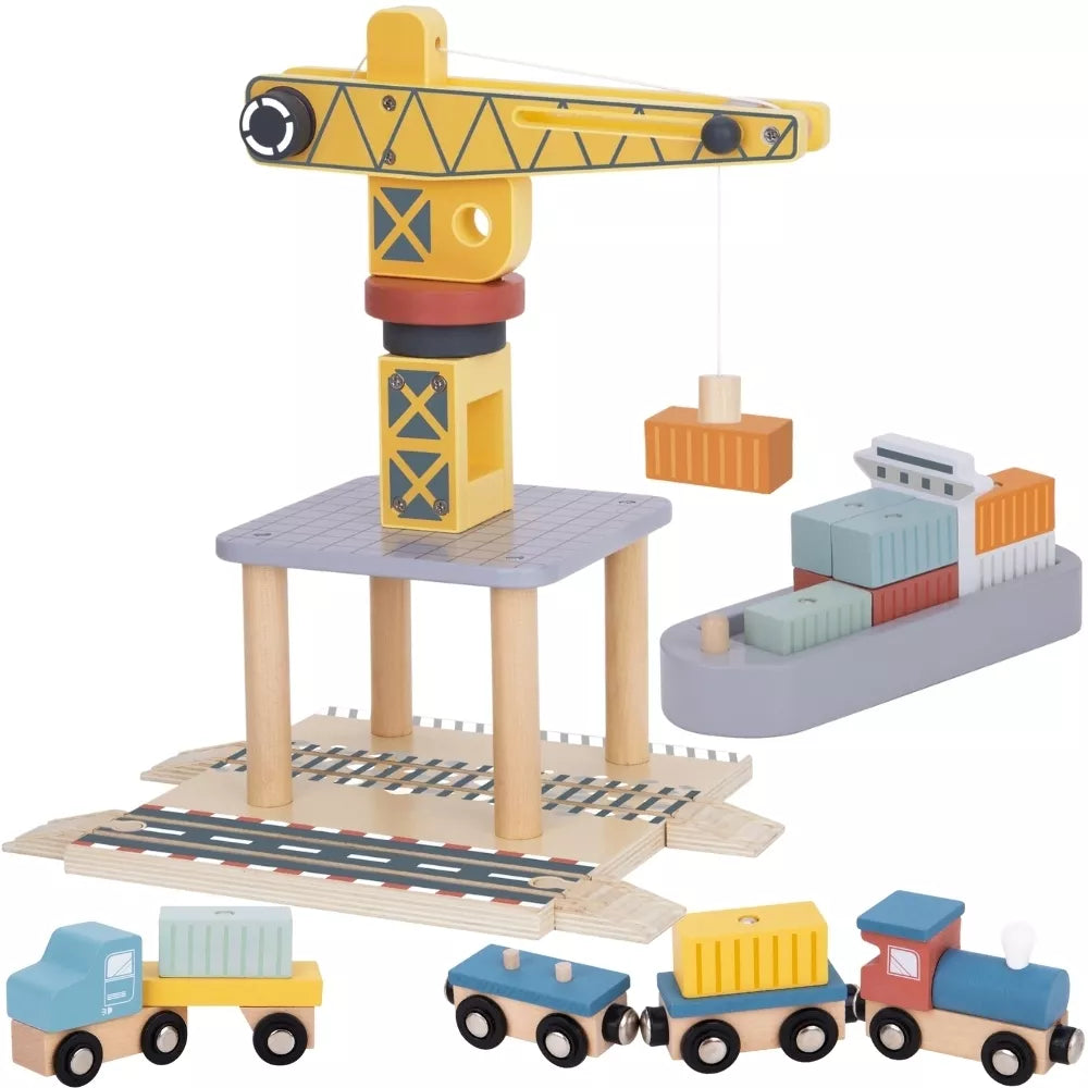 TOOKY TOY medinis 4 viename rinkinys: uosto kranas, XL laivas, sunkvežimis ir magnetinis traukinys