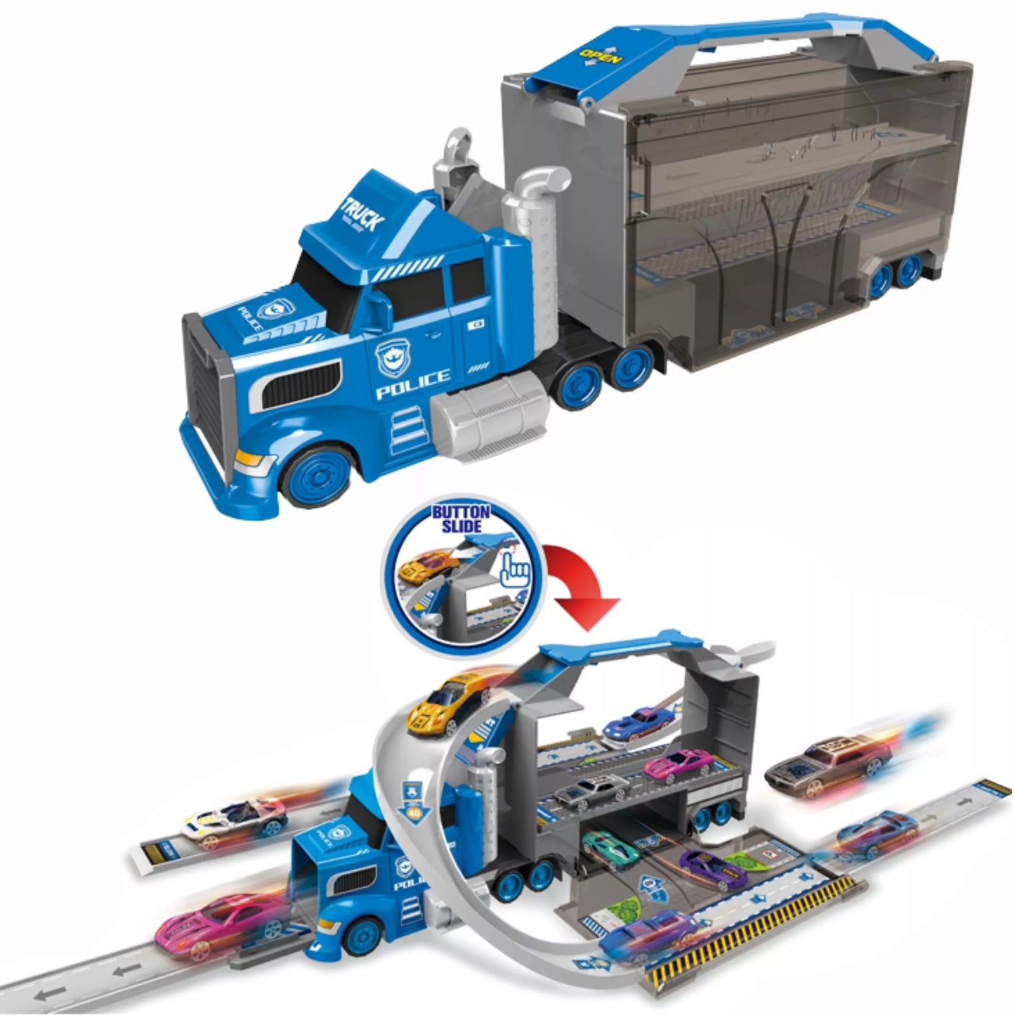 WOOPIE policijos sunkvežimio 2in1 transporterio automobilių trasa