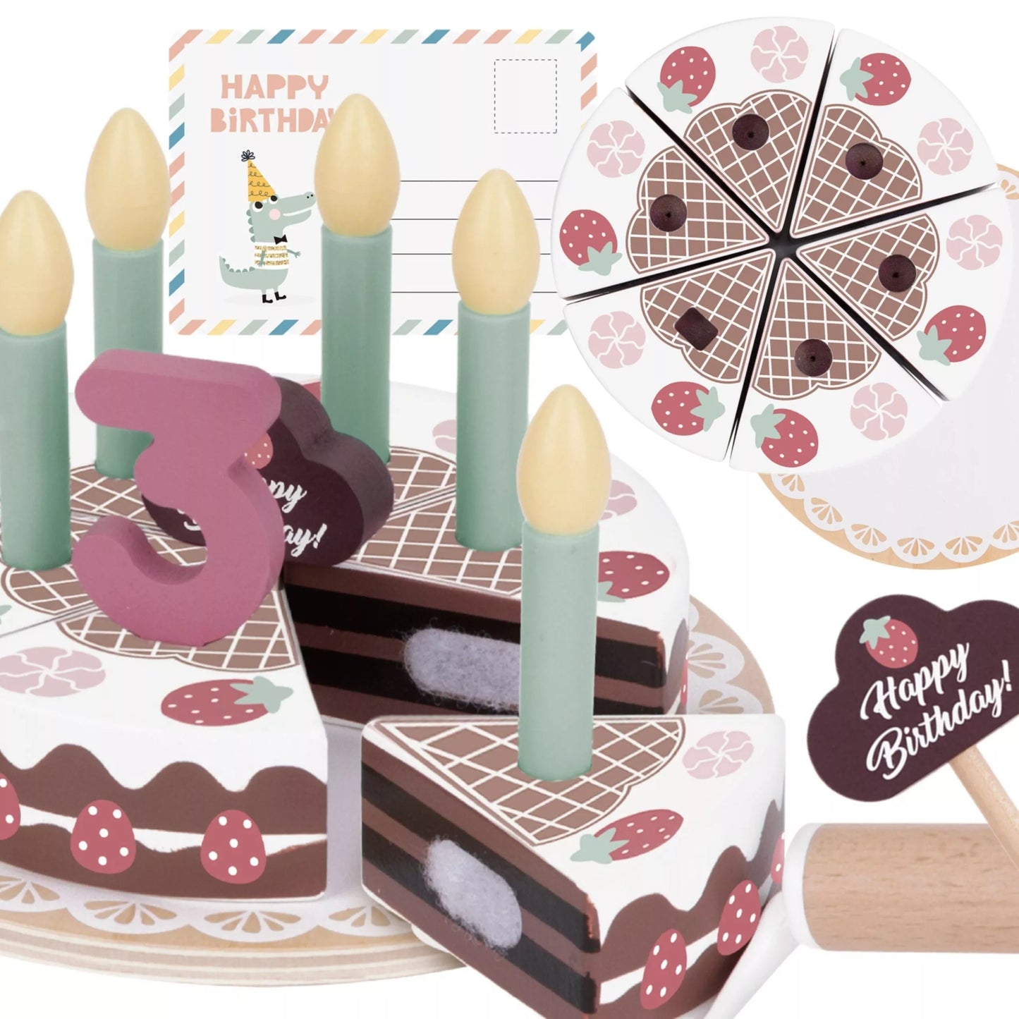 TOOKY TOY medinis gimtadienio tortas pjaustymui su lipdukais, žvakėmis ir gimtadienio atviruku