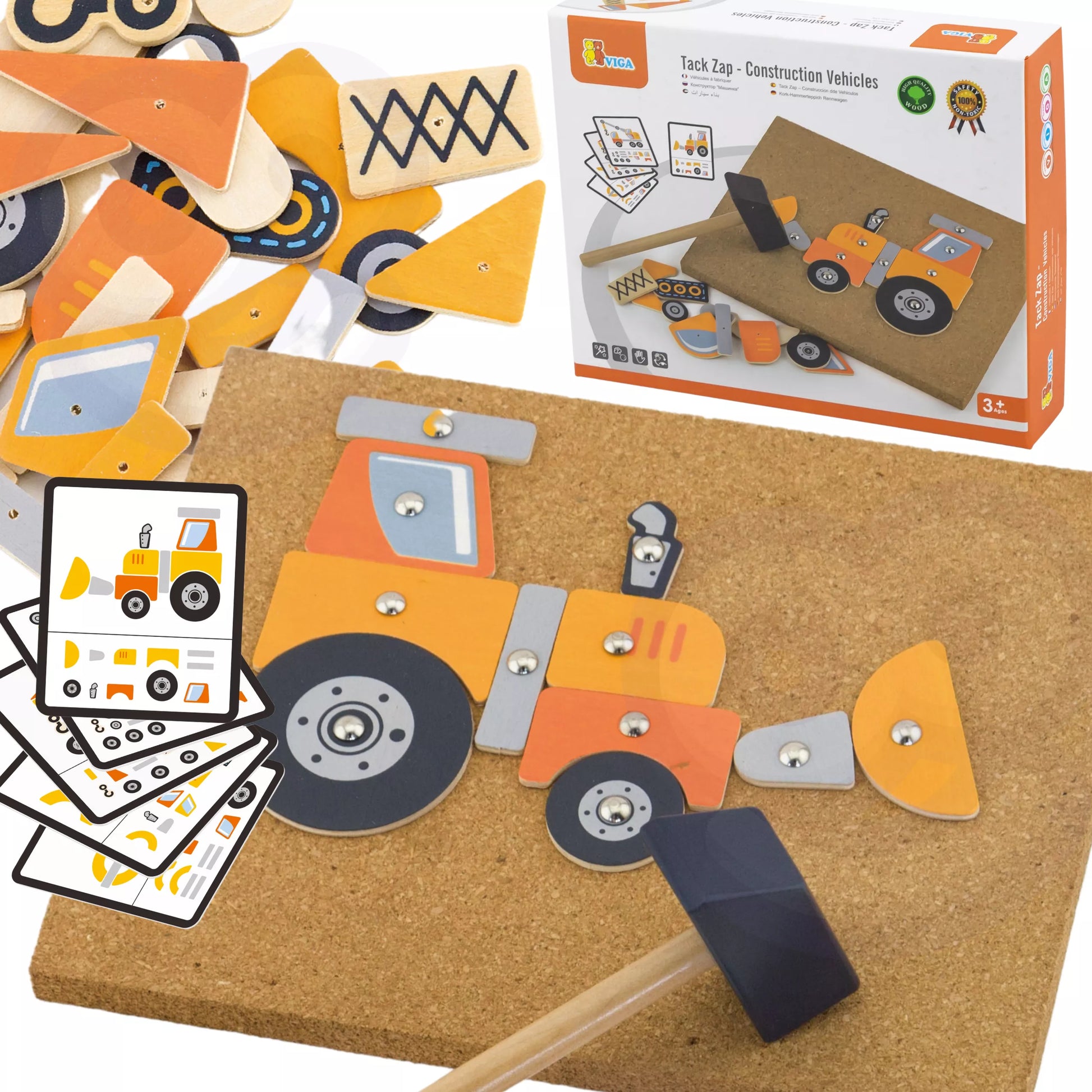 VIGA medinis žaidimas „Kalimas ir konstravimas“ – 45 detalės, statybiniai automobiliai, Montessori metodas