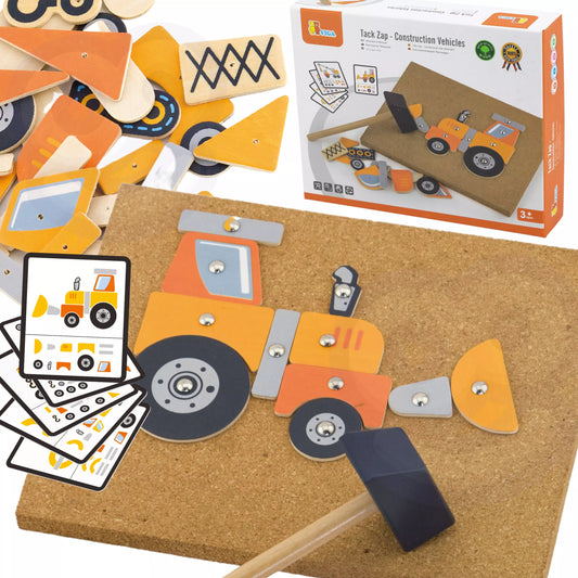 VIGA medinis žaidimas „Kalimas ir konstravimas“ – 45 detalės, statybiniai automobiliai, Montessori metodas