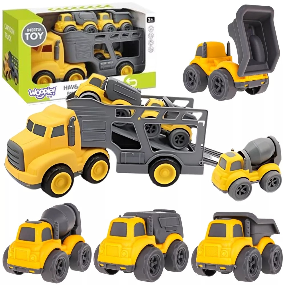Woopie statybinių mašinų rinkinys su didžiuliu tralo sunkvežimiu (4 vnt.)