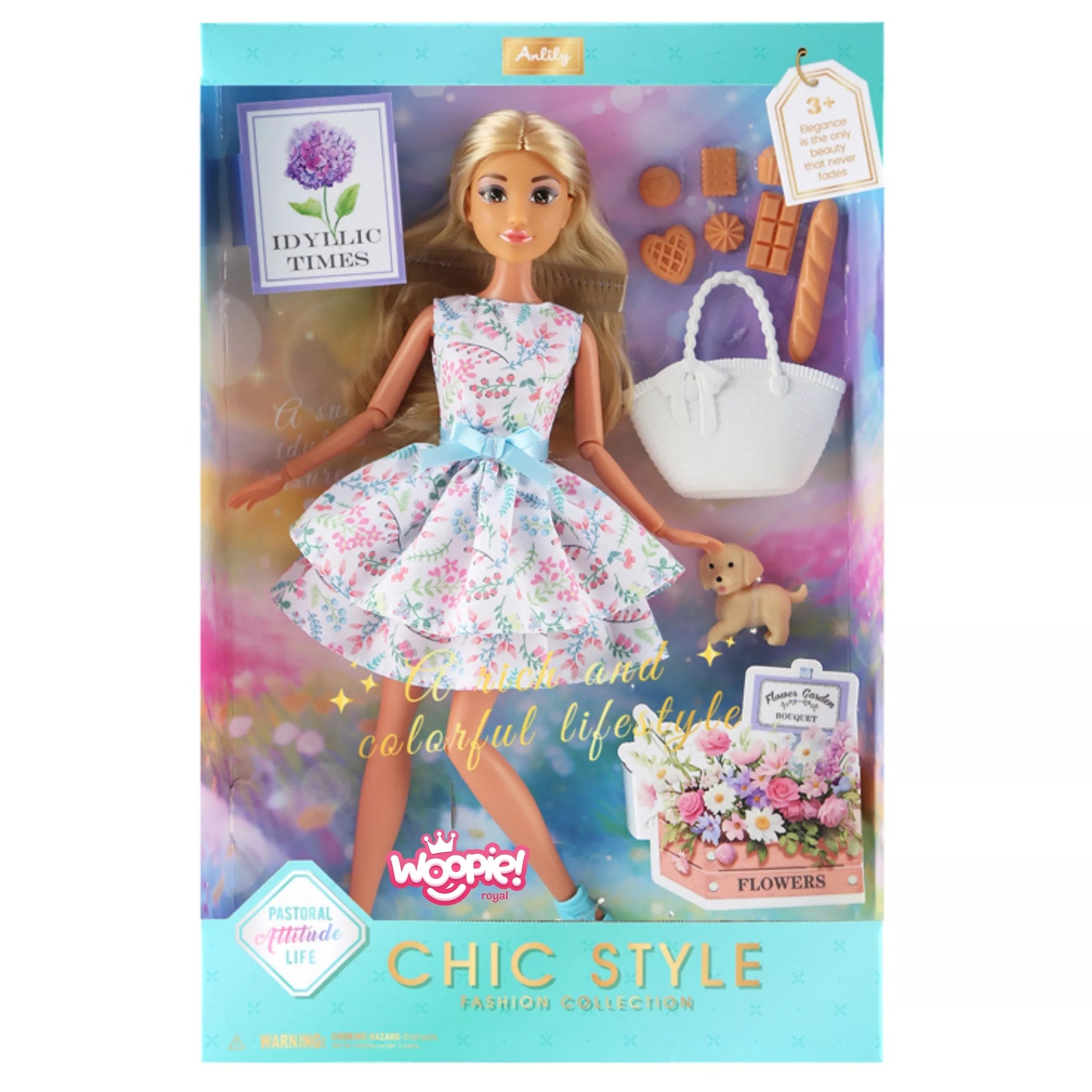 WOOPIE ROYAL Lėlė Lelija 30 cm Pavasario suknelė Aksesuarai Šuo Piknikas