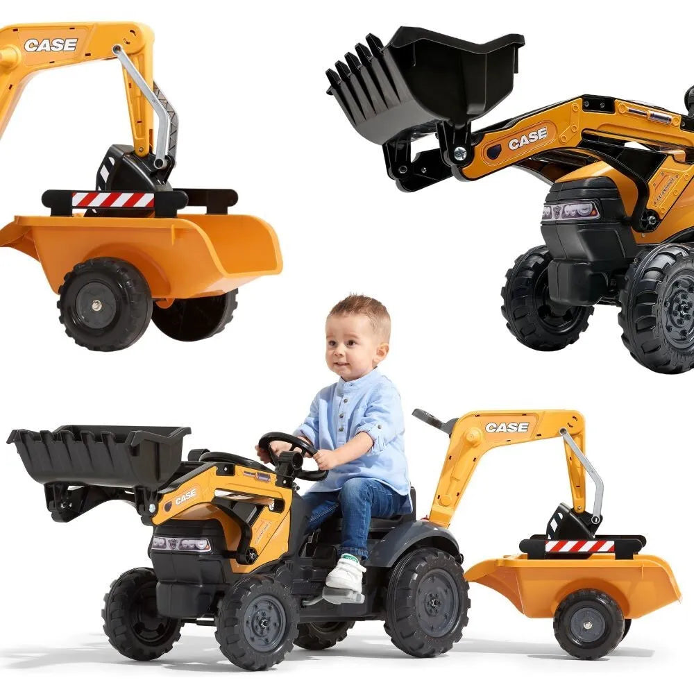 FALK CASE Construction Eco Design pedalinis traktorius su kaušu, galiniu ekskavatoriumi ir priekaba