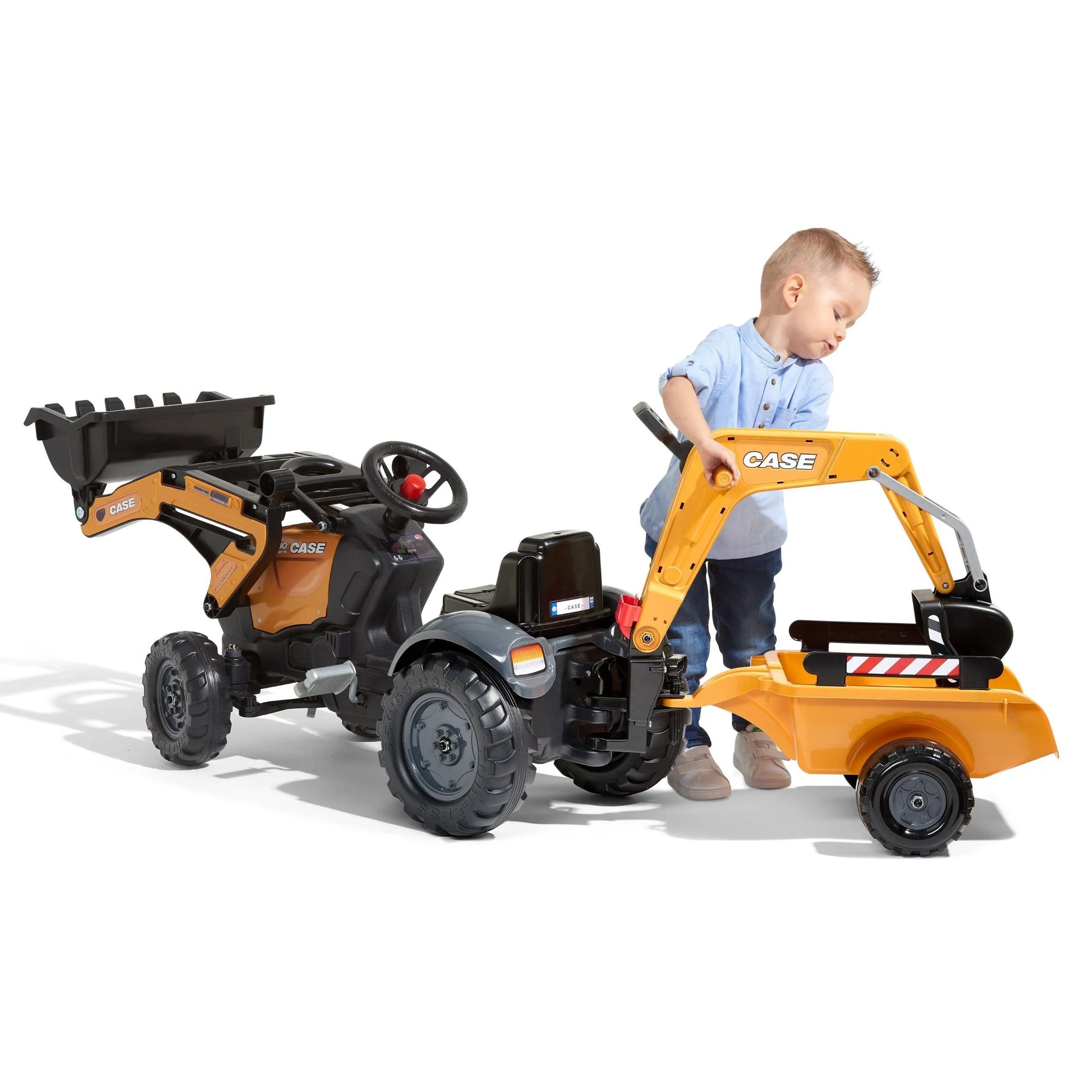 FALK CASE Construction Eco Design pedalinis traktorius su kaušu, galiniu ekskavatoriumi ir priekaba