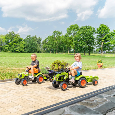 FALK pedalinis traktorius su krautuvu ir Claas priekaba