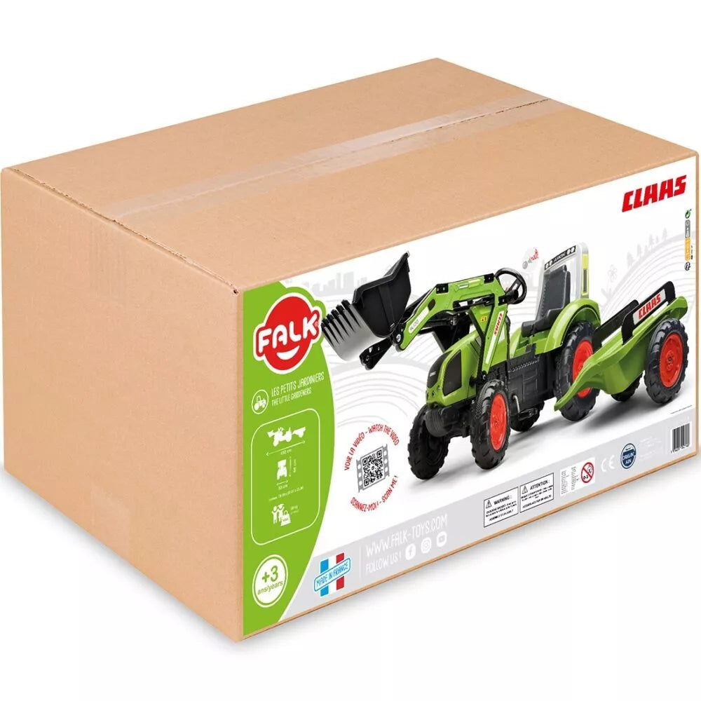 Pedalinis traktorius su kaušu ir priekaba