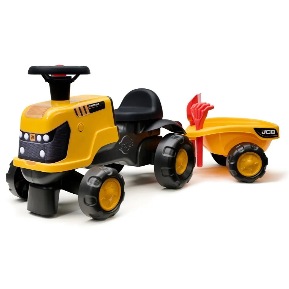 FALK važiuojamas JCB „Fastrac“ traktorius su priekaba, kastuvu ir grėbliu