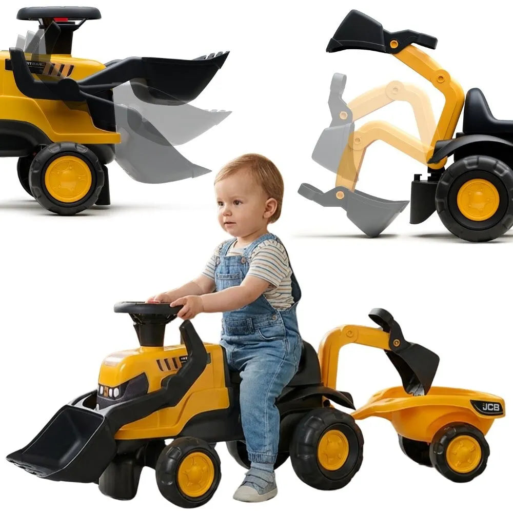 FALK važiuojamas „JCB“ traktorius su priekaba, grėbliu ir kastuvu