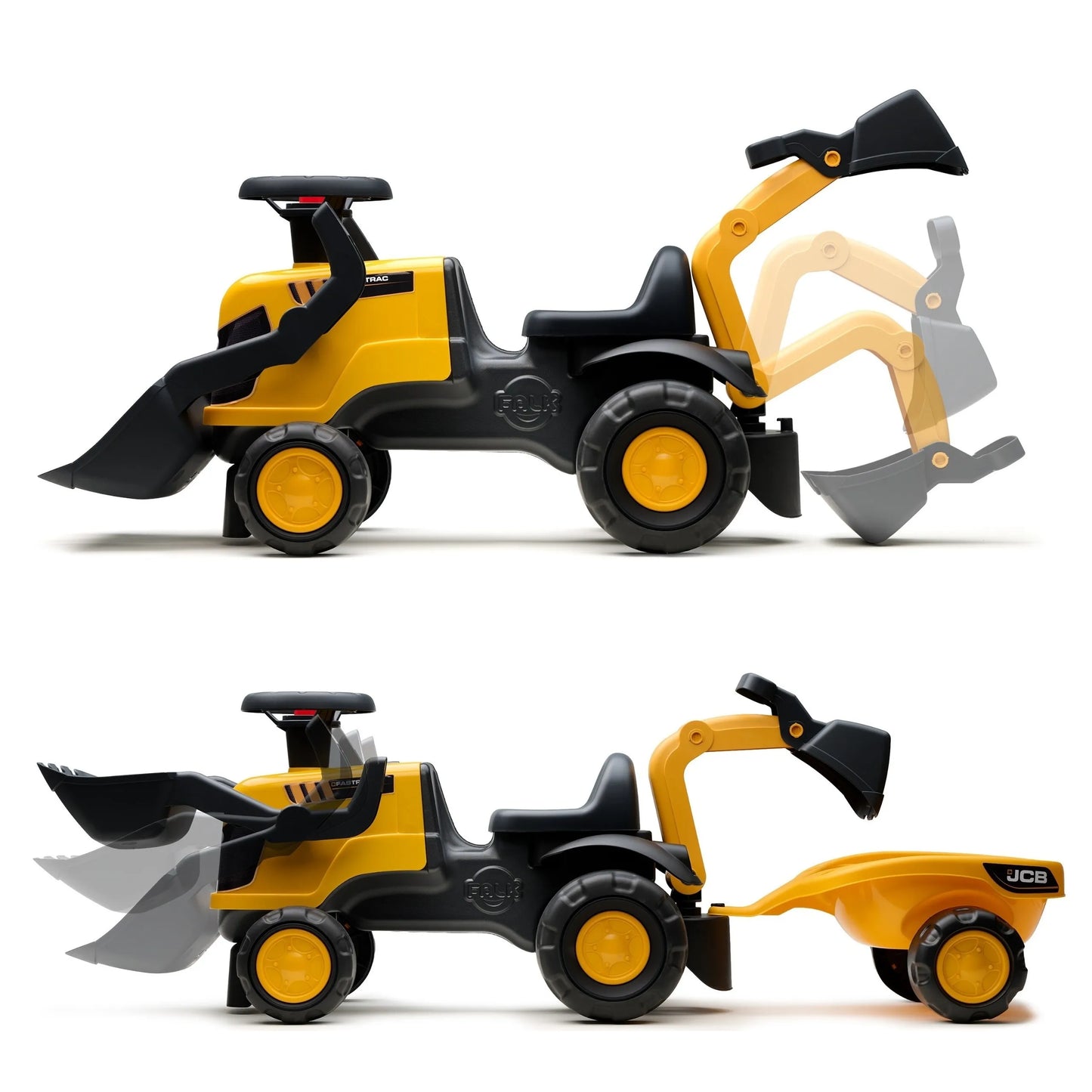 FALK važiuojamas „JCB“ traktorius su priekaba, grėbliu ir kastuvu