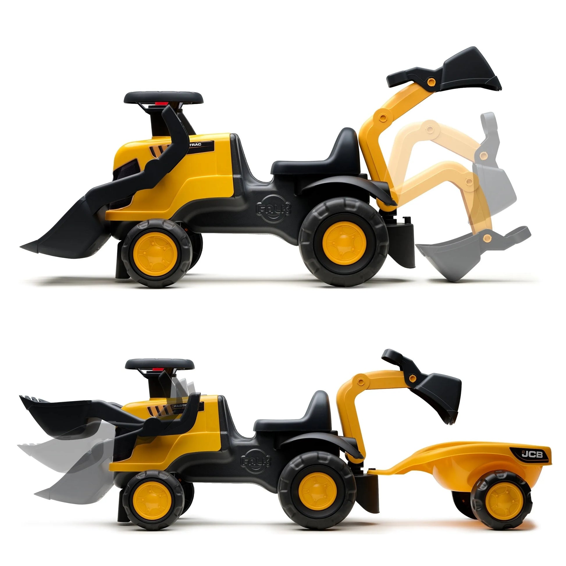 FALK važiuojamas „JCB“ traktorius su priekaba, grėbliu ir kastuvu