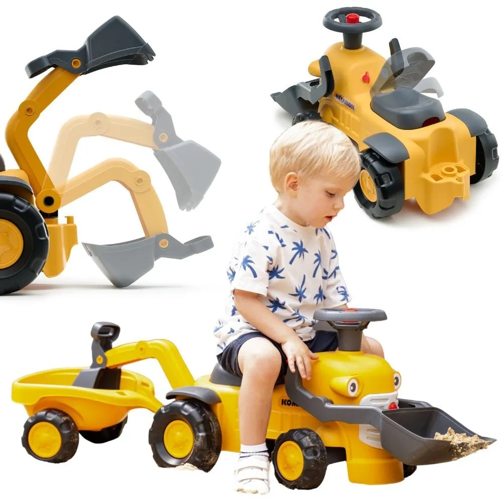 FALK važiuojamas „Komatsu“ traktorius su ekskavatoriumi, kaušu ir priekaba