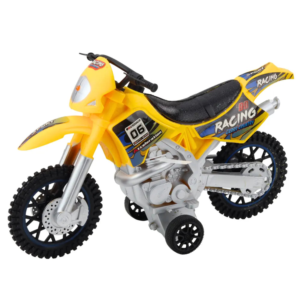 Geltonas bekelės žaislinis motociklas su šviesomis