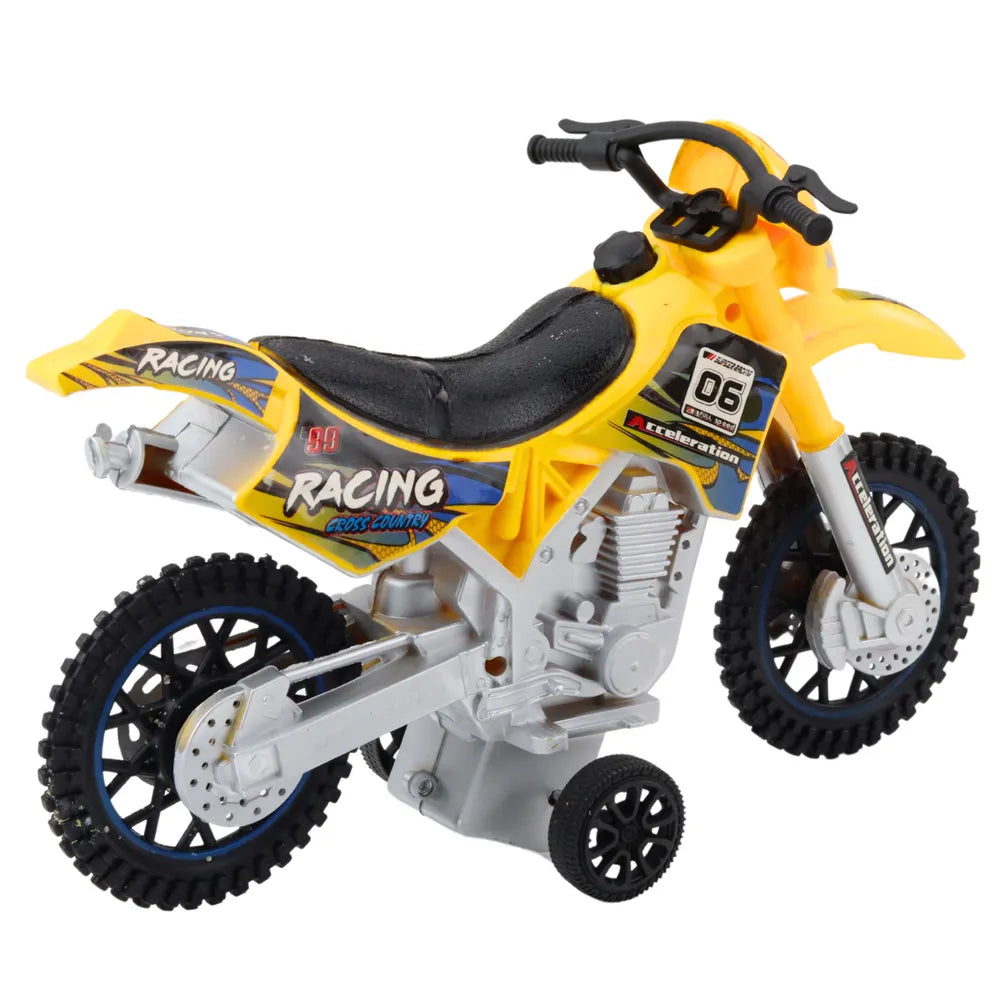 Geltonas bekelės žaislinis motociklas su šviesomis