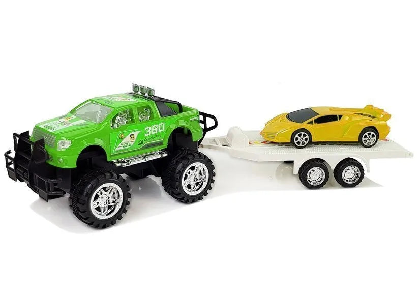 Geltonų sportinių automobilių ir žalio visureigio rinkinys