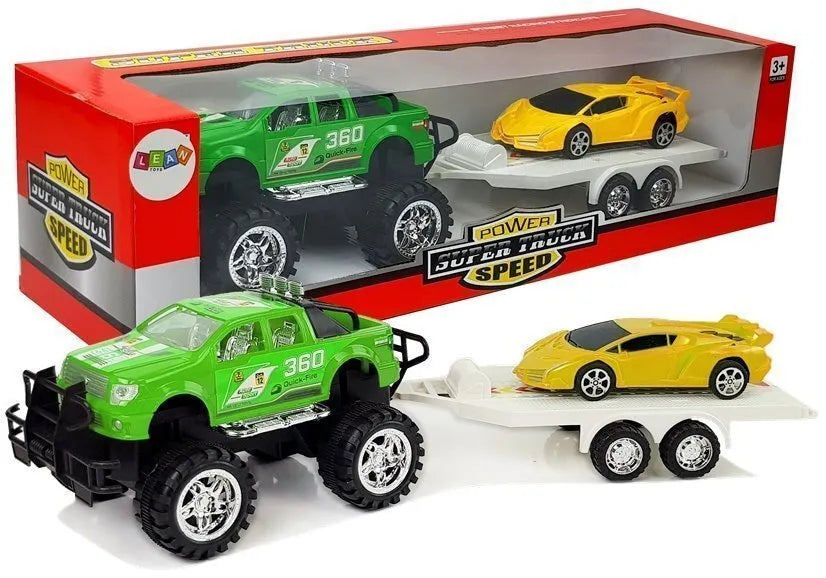 Geltonų sportinių automobilių ir žalio visureigio rinkinys