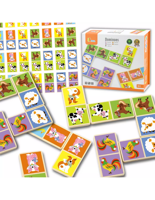 VIGA edukaciniai mediniai domino blokeliai „Farma“ – 28 detalės, Montessori