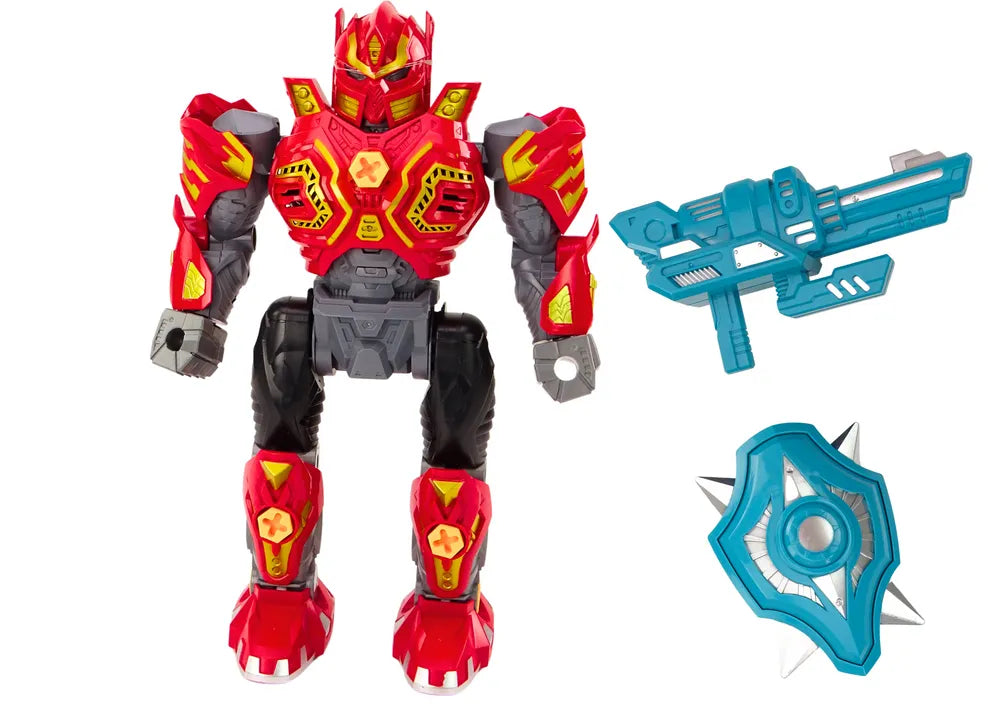 Išardomas raudonas robotas su grąžtu, atsuktuvu, šviesomis ir garsais