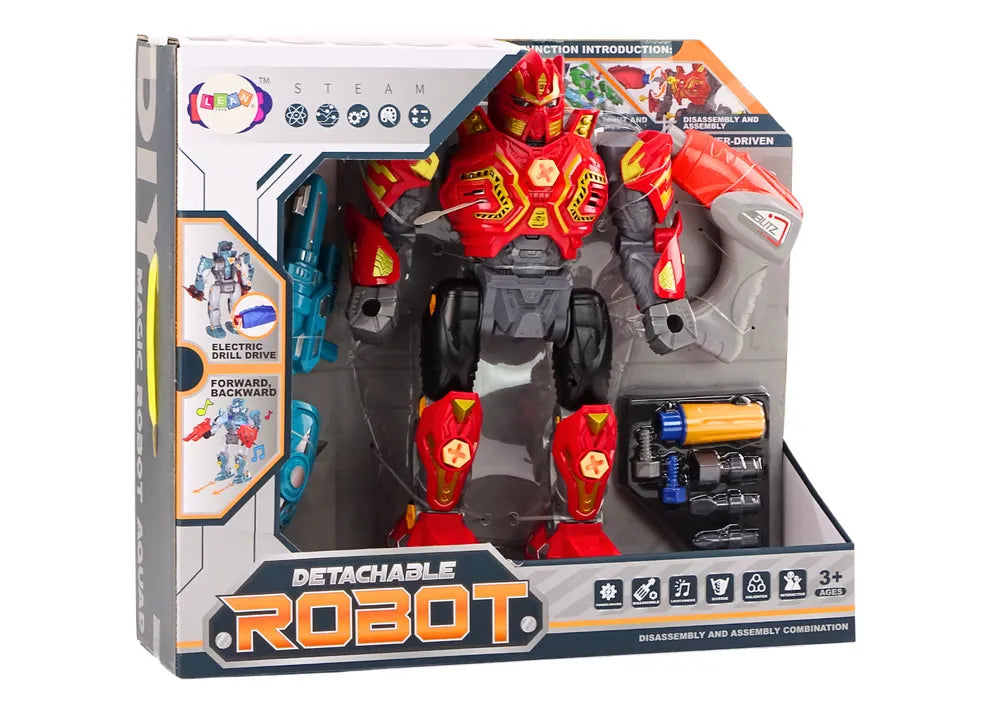 Išardomas raudonas robotas su grąžtu, atsuktuvu, šviesomis ir garsais