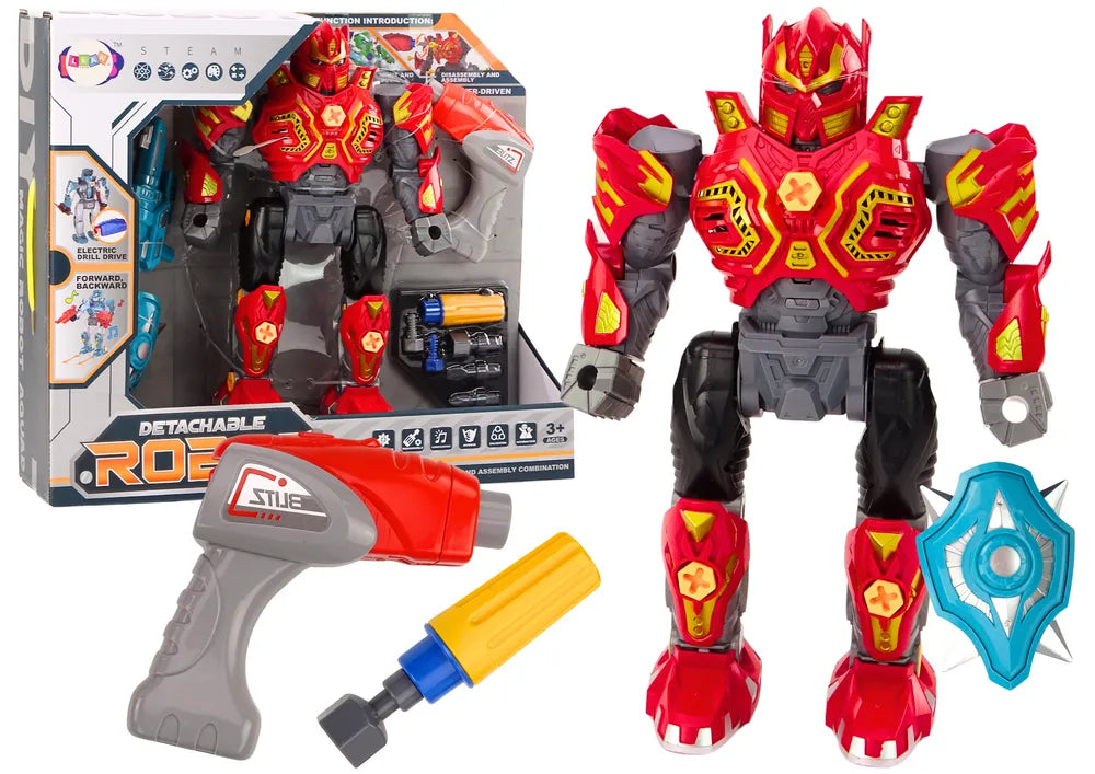 Išardomas raudonas robotas su grąžtu, atsuktuvu, šviesomis ir garsais