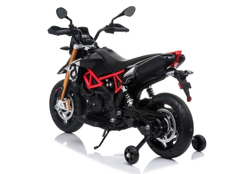 Juodas elektrinis motociklas Aprilia vaikams
