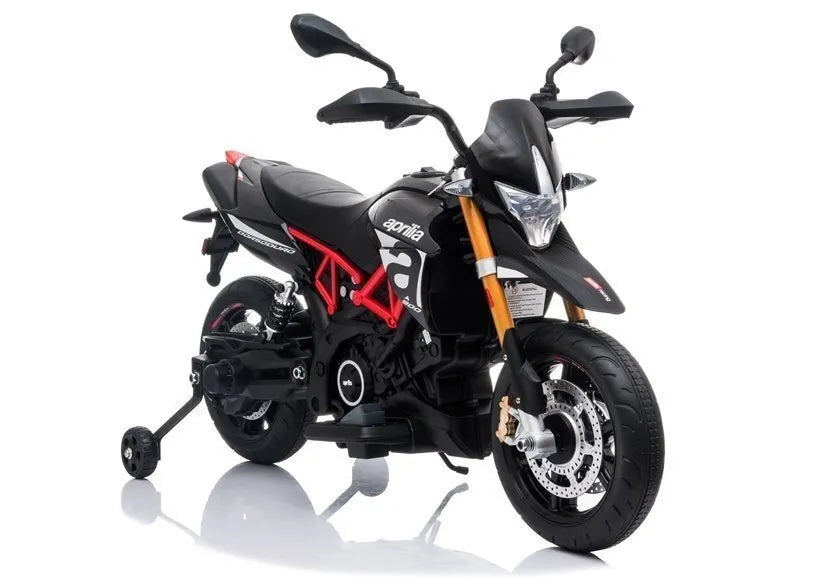 Juodas elektrinis motociklas Aprilia vaikams