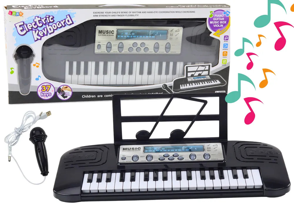 Juodas vaikiškas elektrinis pianinas su 37 klavišais, mikrofonu ir stovu