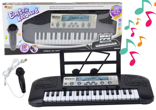 Juodas vaikiškas elektrinis pianinas su 37 klavišais, mikrofonu ir stovu