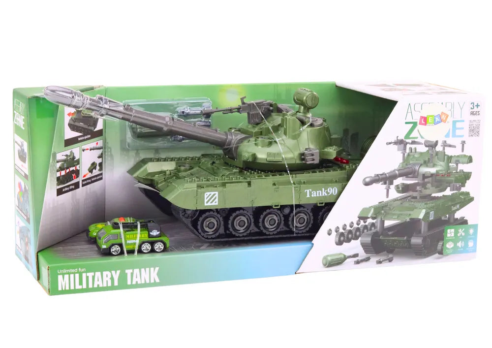Karinis tanko rinkinys – išardomas DIY tankas su garsais, šviesomis, pakaba ir mini transportu