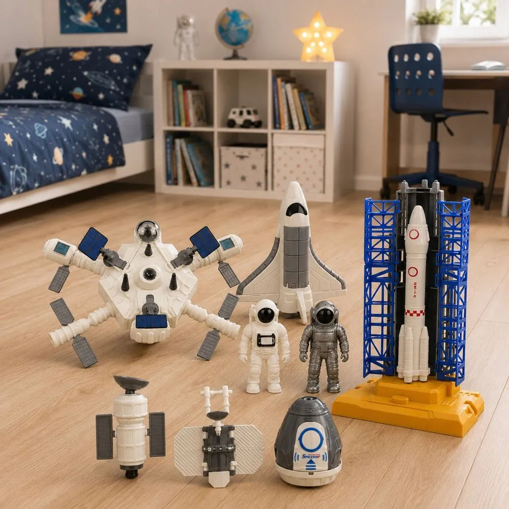 Kosmoso rinkinys su raketa, šatlu, stotimi ir astronautais