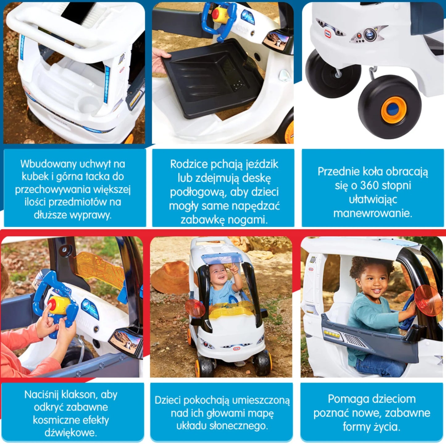Little Tikes Cozy Coupe „Space Edition“ – kosminis paspirtukas–mašinėlė su tėvų rankena