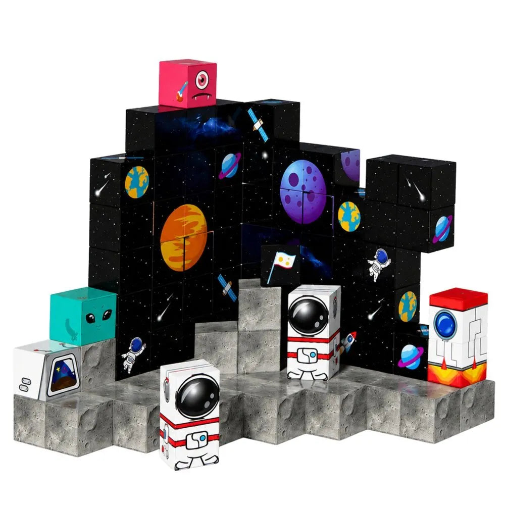 Magnetiniai blokeliai – kosmoso tema, 100 dalių, 3D konstravimo rinkinys