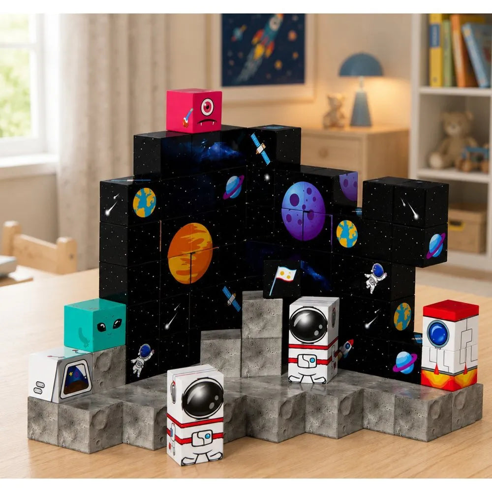 Magnetiniai blokeliai – kosmoso tema, 100 dalių, 3D konstravimo rinkinys