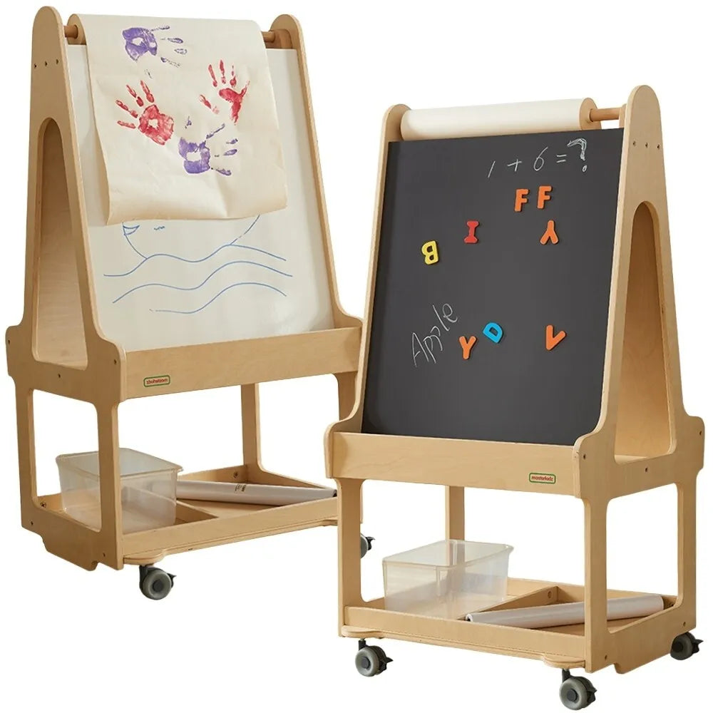 „MASTERKIDZ“ dvipusė sauso trynimo lenta 3-in-1 ant ratukų