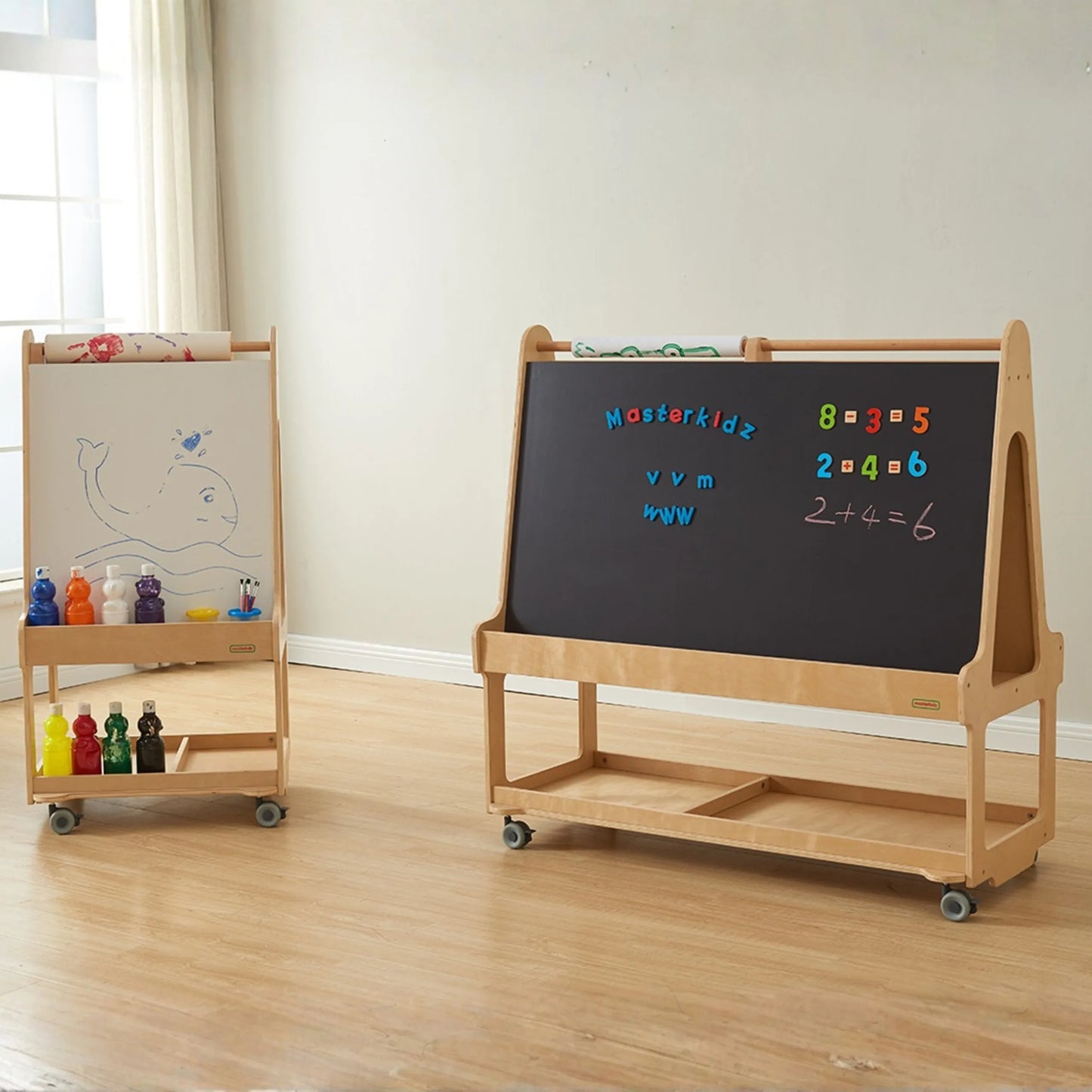 „MASTERKIDZ“ dvipusė sauso trynimo lenta 3-in-1 ant ratukų