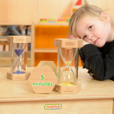 Masterkidz edukacinių smėlio laikrodžių rinkinys su stovu (1, 2, 3 ir 5 min.)