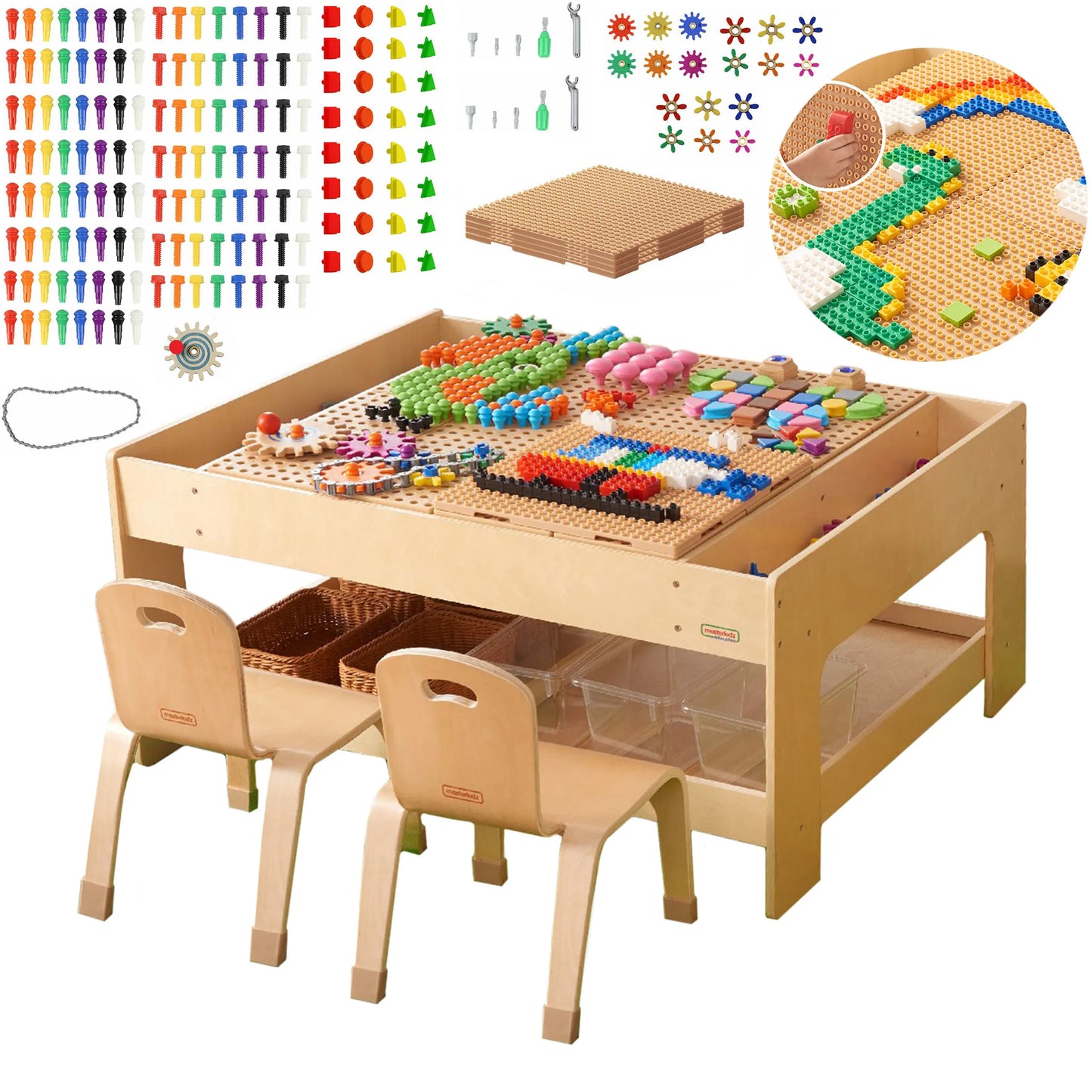 MASTERKIDZ medinis edukacinis stalas + STEM sienos priedai + 563 kaladėlės