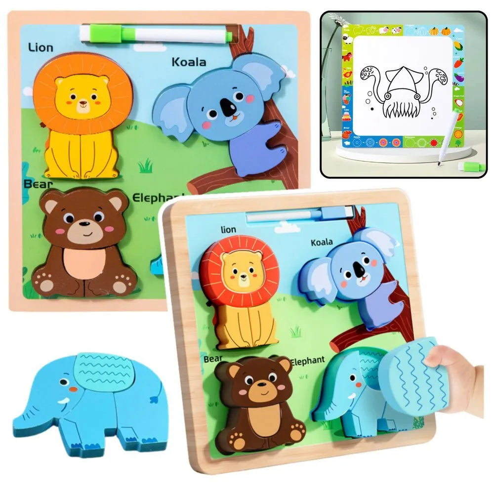 Medinė gyvūnų dėlionė su piešimo lenta