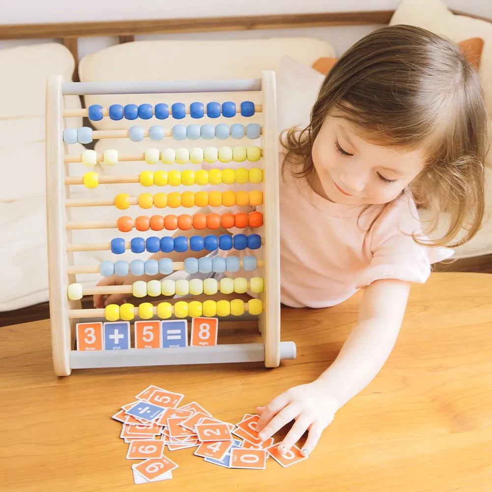 Medinis edukacinis abacus su 46 elementais ir užduočių kortelėmis