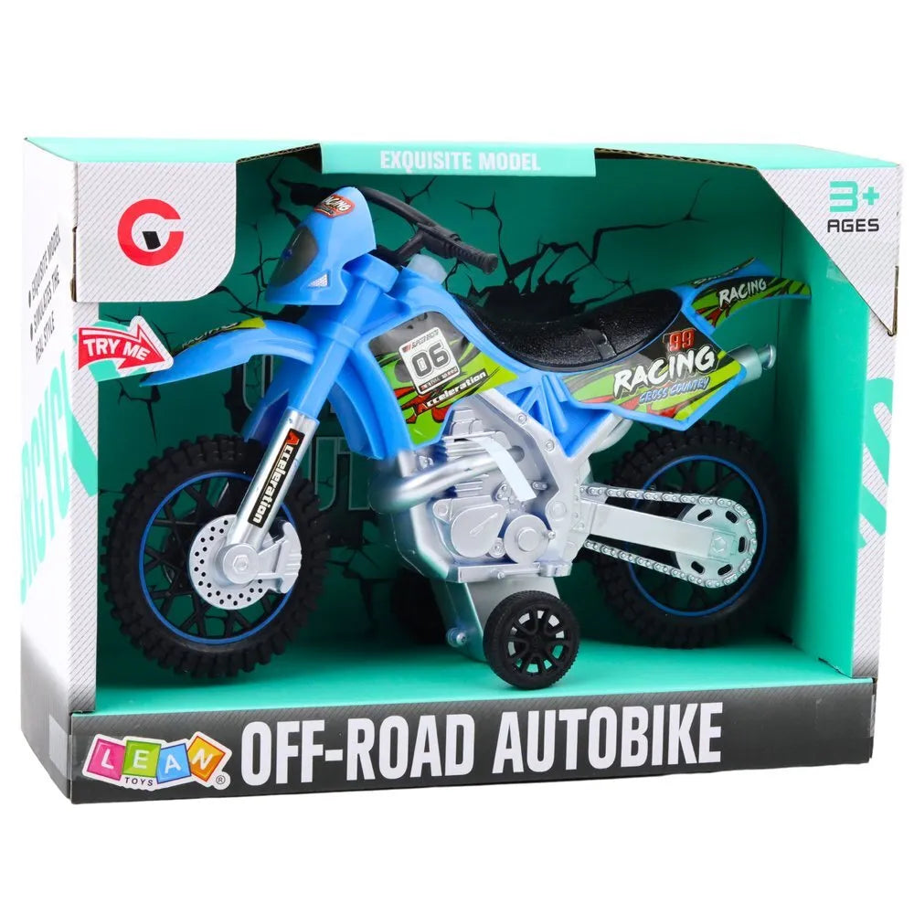 Mėlynas bekelės žaislinis motociklas su šviesomis