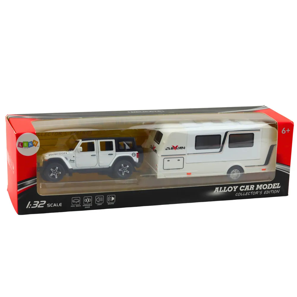 Metalinis baltas off-road automobilis su kemperiu 1:32